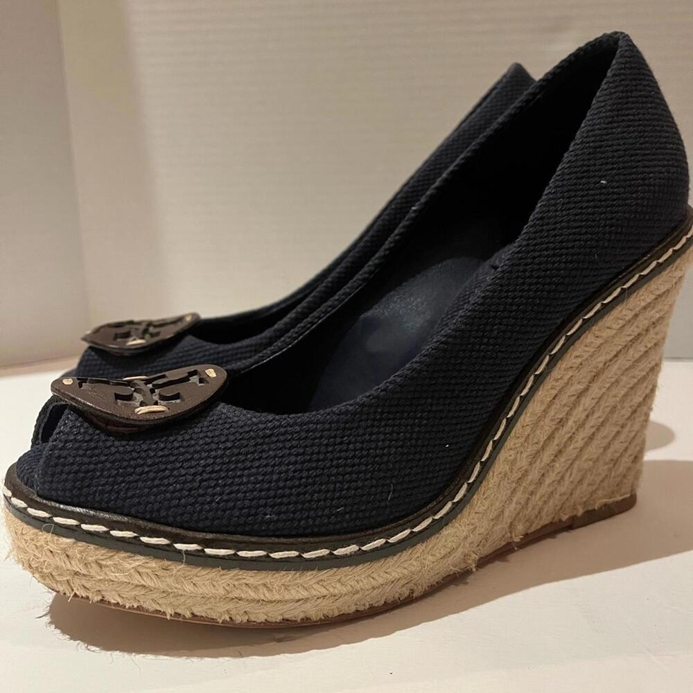 Tory Burch Wedge Espadrilles Heels Size 7.5 Navy Blue